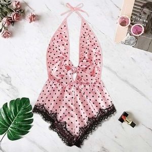 SHEIN Pink and Black Polka Dot Satin and Lace Teddy